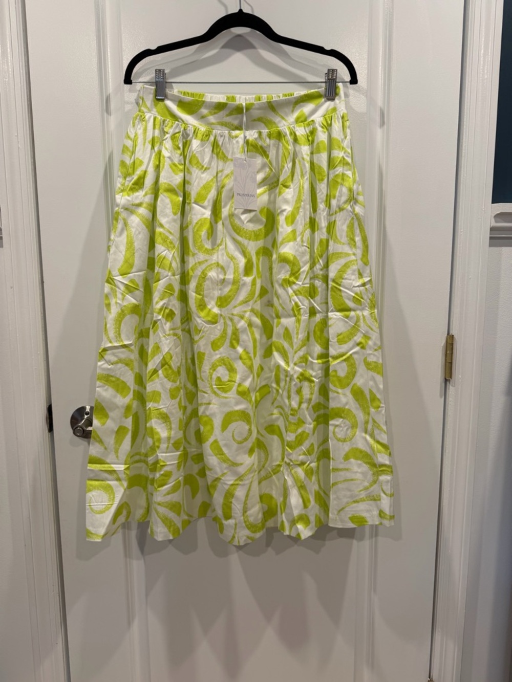 Prosperina A-Line Skirt in White with Lime Swirl Print